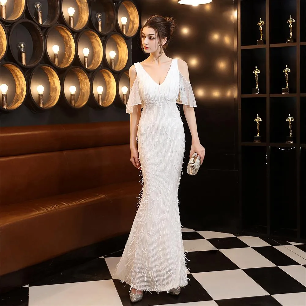 Polyester Thread Tassel Beaded Mermaid Elegant Formal Party Dress Ruffle Sleeve Dubble-V-neck Robe De Soriee Floor Length Gowns