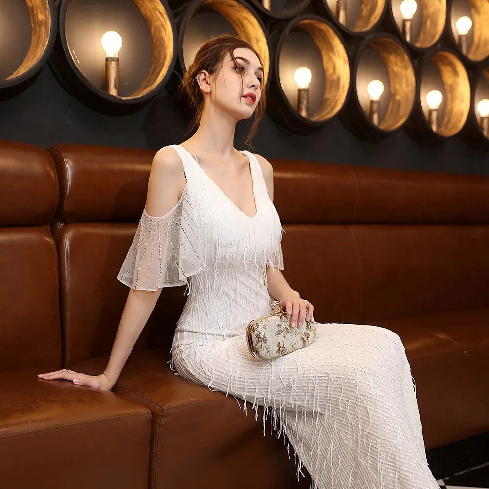 Polyester Thread Tassel Beaded Mermaid Elegant Formal Party Dress Ruffle Sleeve Dubble-V-neck Robe De Soriee Floor Length Gowns