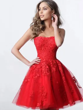 Red Strapless Homecoming Dress 2024 Lace Sexy Party Dress Cocktail Dresses Free Customization