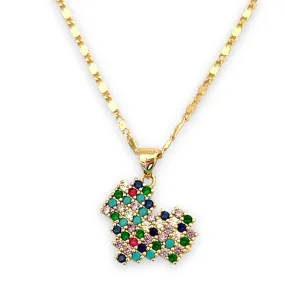 Retro multicolor stones heart in 18k of gold plated chain necklace