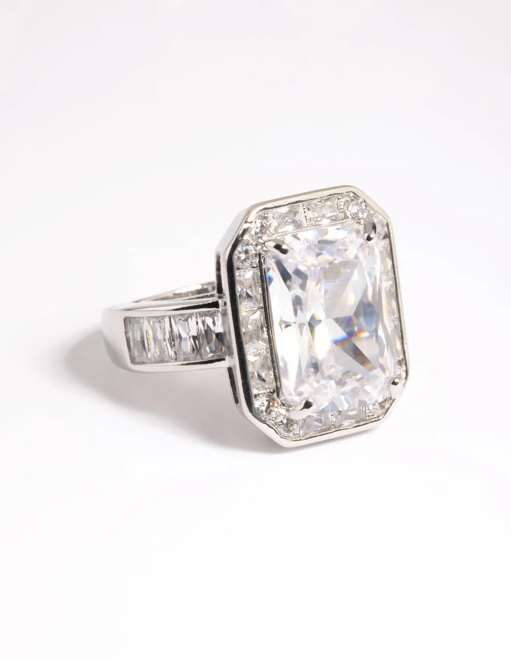 Rhodium CZ Emerald Cut Ring