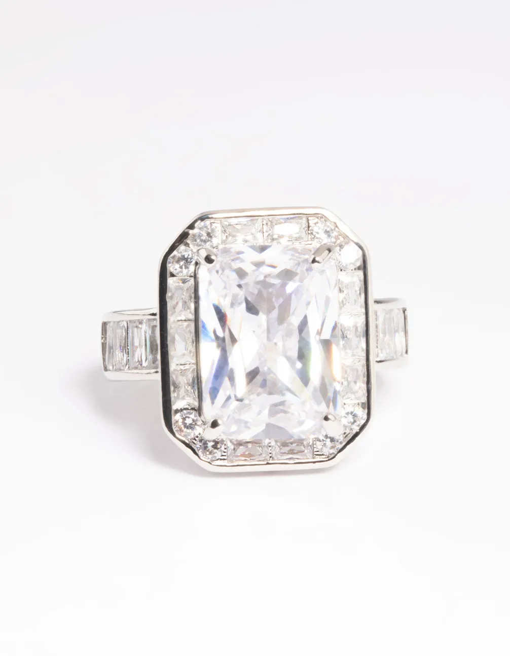 Rhodium CZ Emerald Cut Ring