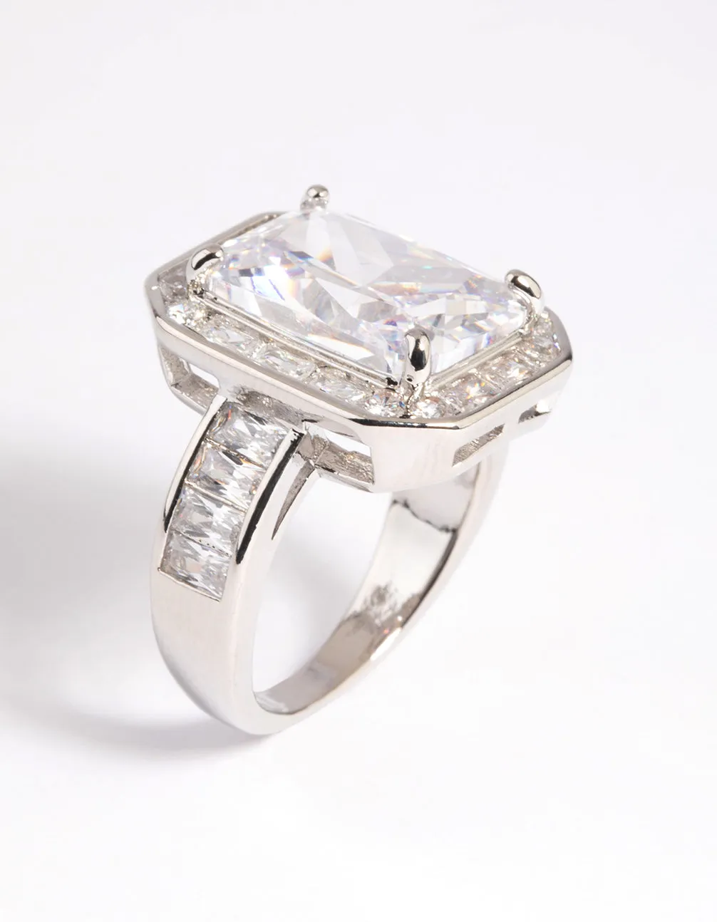 Rhodium CZ Emerald Cut Ring