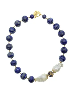 Round Lapis with Baroque Pearls Chunky Necklace DN208