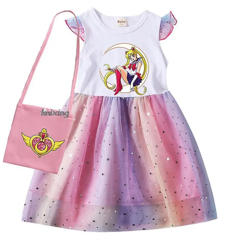 Sailor Moon Cosplay Girls Tassel Flying Sleeve Dresses Kids Party For Girls Princess Dress Tops Clothes Baby Girls Rainbow Dress