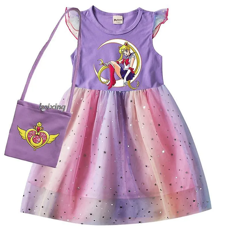 Sailor Moon Cosplay Girls Tassel Flying Sleeve Dresses Kids Party For Girls Princess Dress Tops Clothes Baby Girls Rainbow Dress