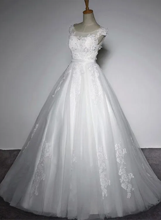 Simple Wedding Gowns, Tulle Round Neckline Lace Detail Party Dress, White Formal Gowns