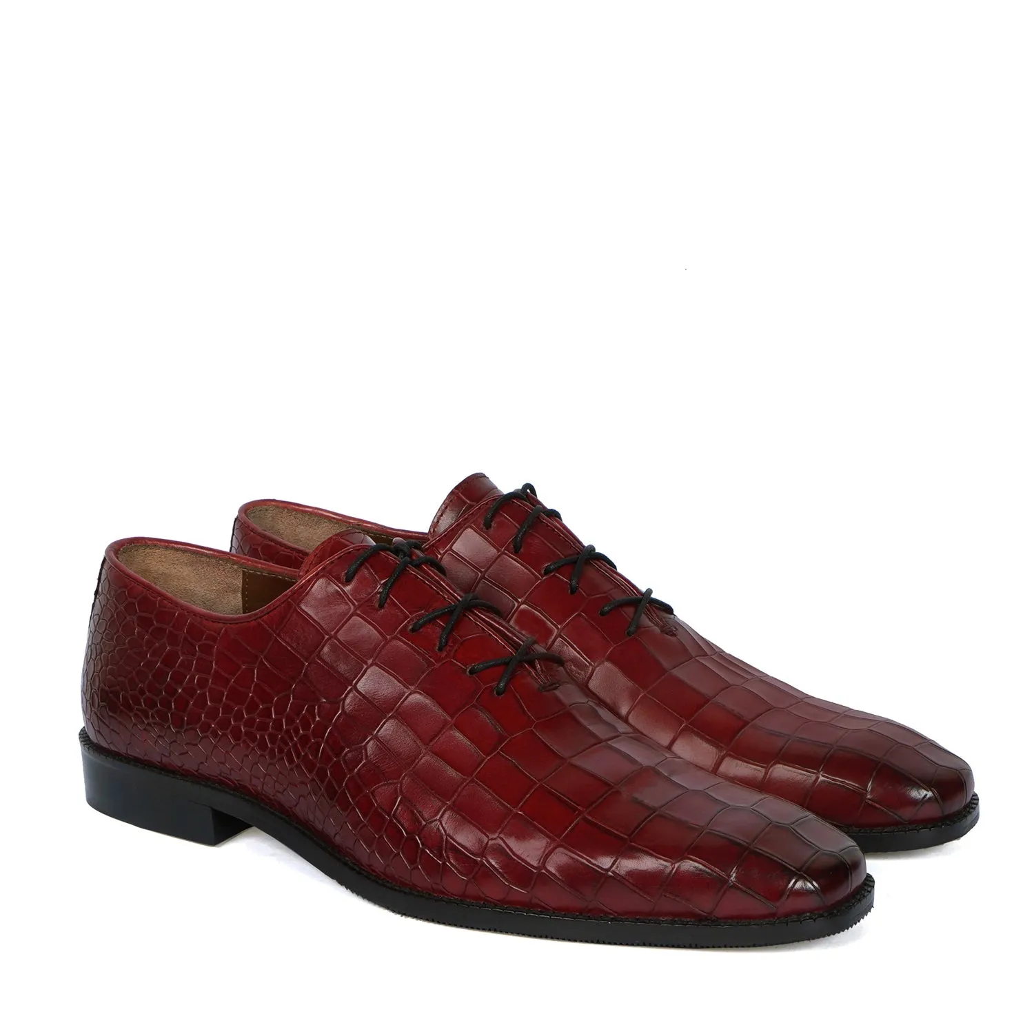 Slant Toe Oxford Wine leather Shoes Attractive Full Deep Cut Croco