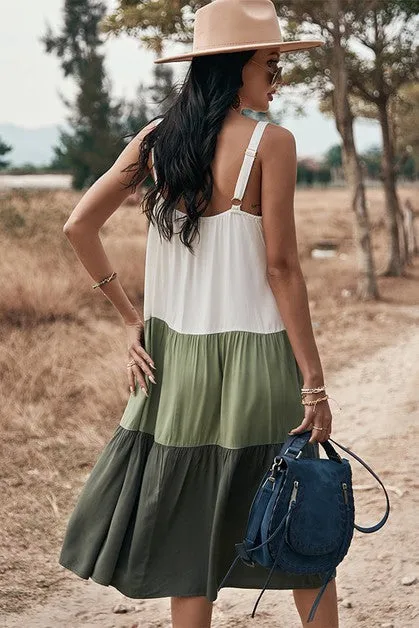 Sleeveless Color Block Ruffle Dress