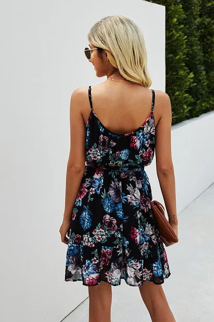 Spaghetti Strap Floral Ruffle Dress