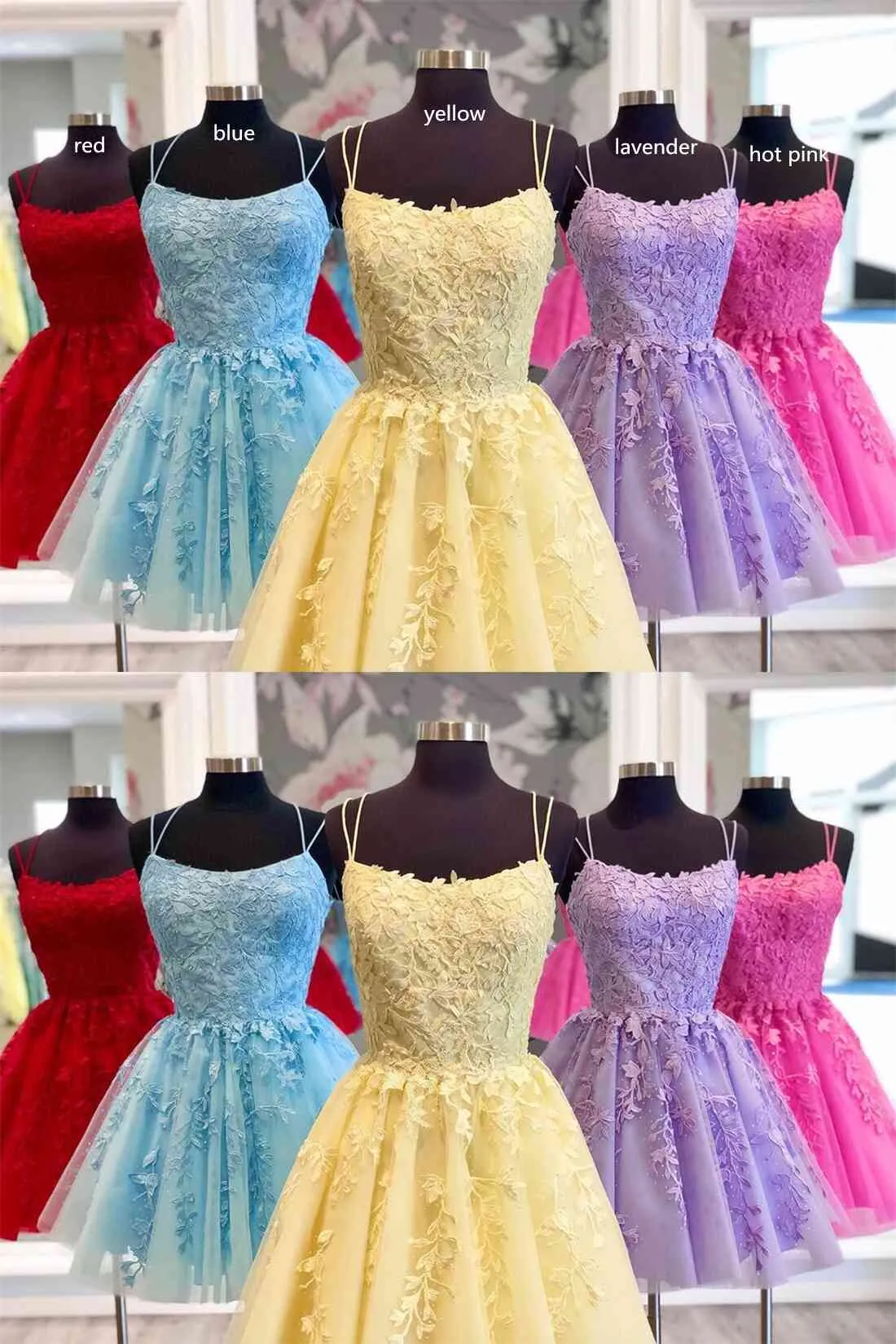 Straps Lace Applique Blue Homecoming Dress,Fuchsia Cocktail Dresses