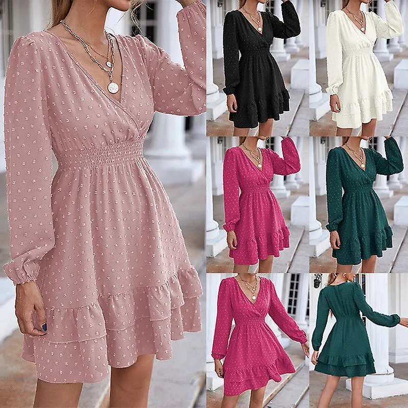 Stylish V-Neck Dress with Ruffle Trim Polka Dot Breathable Skin-Friendly Dresses for Shopping Going Out