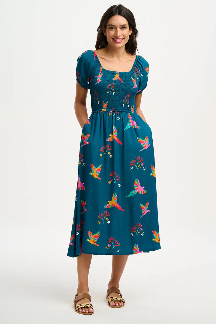 Sugarhill Brighton Jolene Teal Rainbow Parrots Midi Shirred Dress