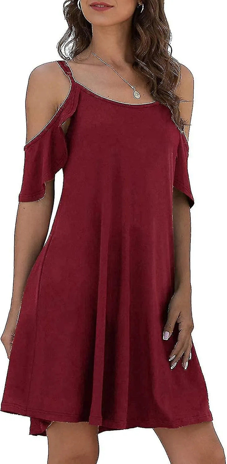 Summer Dresses Womens Summer Casual Dress Cold Shoudler Ruffle Sleeves Dresses With Pocket