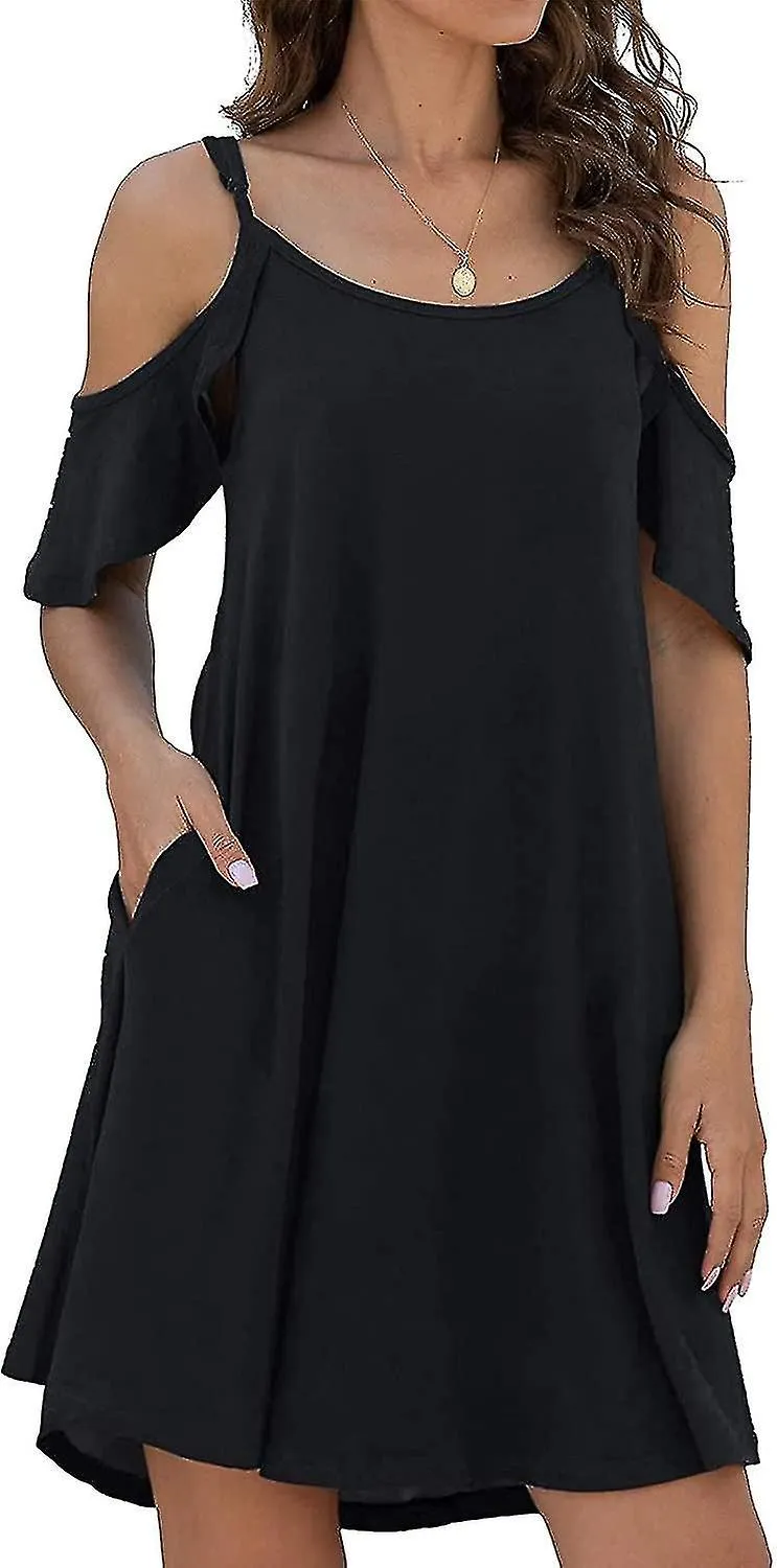 Summer Dresses Womens Summer Casual Dress Cold Shoudler Ruffle Sleeves Dresses With Pocket