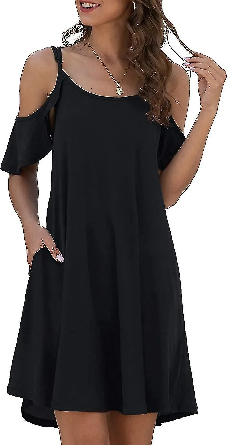 Summer Dresses Womens Summer Casual Dress Cold Shoudler Ruffle Sleeves Dresses With Pocket