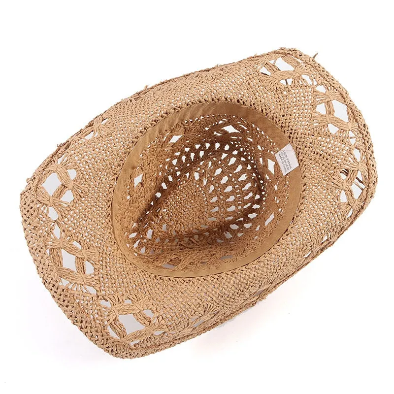 Summer Handmade Cowboy Straw Hat Women Men Summer Outdoor Travel Beach Sun Hats Unisex Solid Western Sunshade Cap