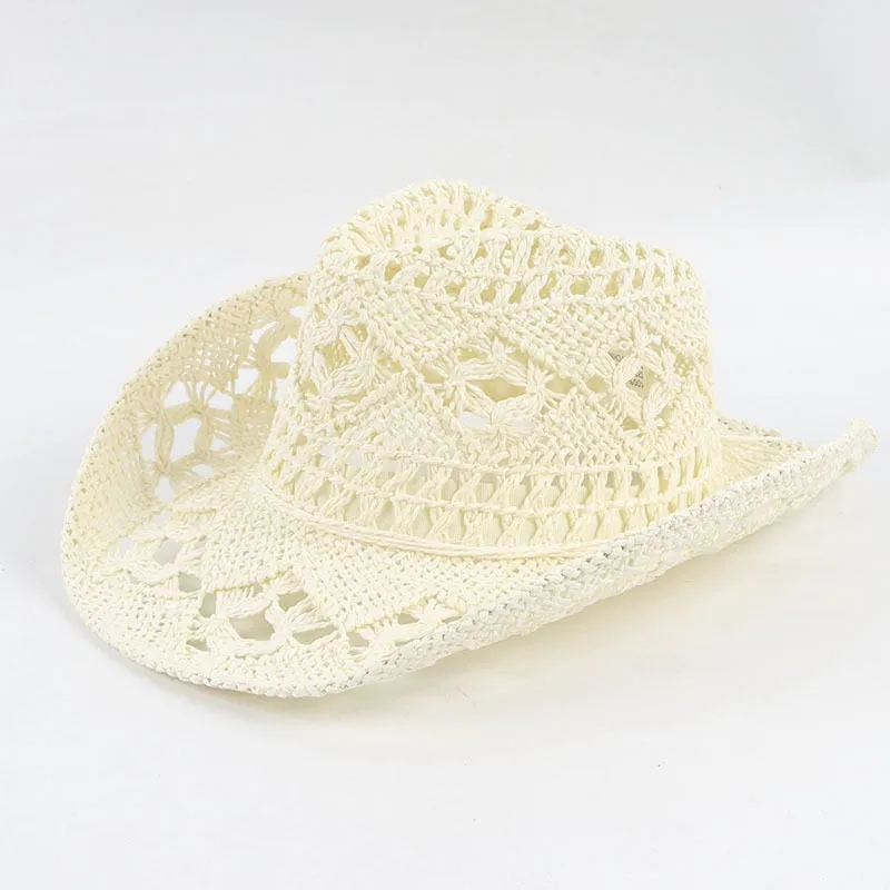 Summer Handmade Cowboy Straw Hat Women Men Summer Outdoor Travel Beach Sun Hats Unisex Solid Western Sunshade Cap