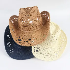 Summer Handmade Cowboy Straw Hat Women Men Summer Outdoor Travel Beach Sun Hats Unisex Solid Western Sunshade Cap