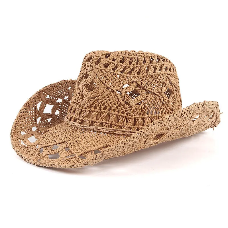 Summer Handmade Cowboy Straw Hat Women Men Summer Outdoor Travel Beach Sun Hats Unisex Solid Western Sunshade Cap