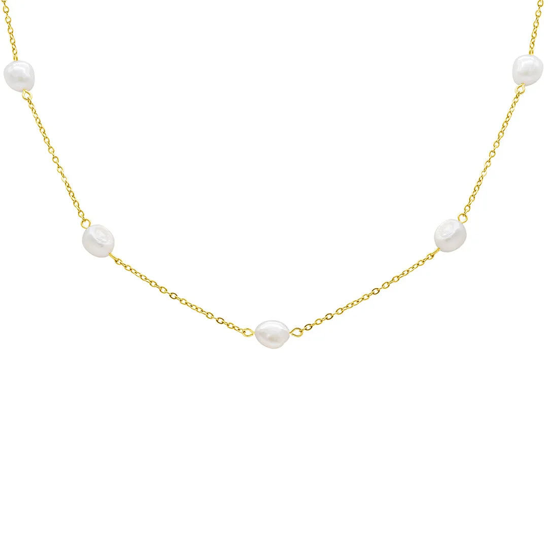 Tarnish Resistant 14K Gold Plated Adjustable Station Freshwater Pearl Necklace