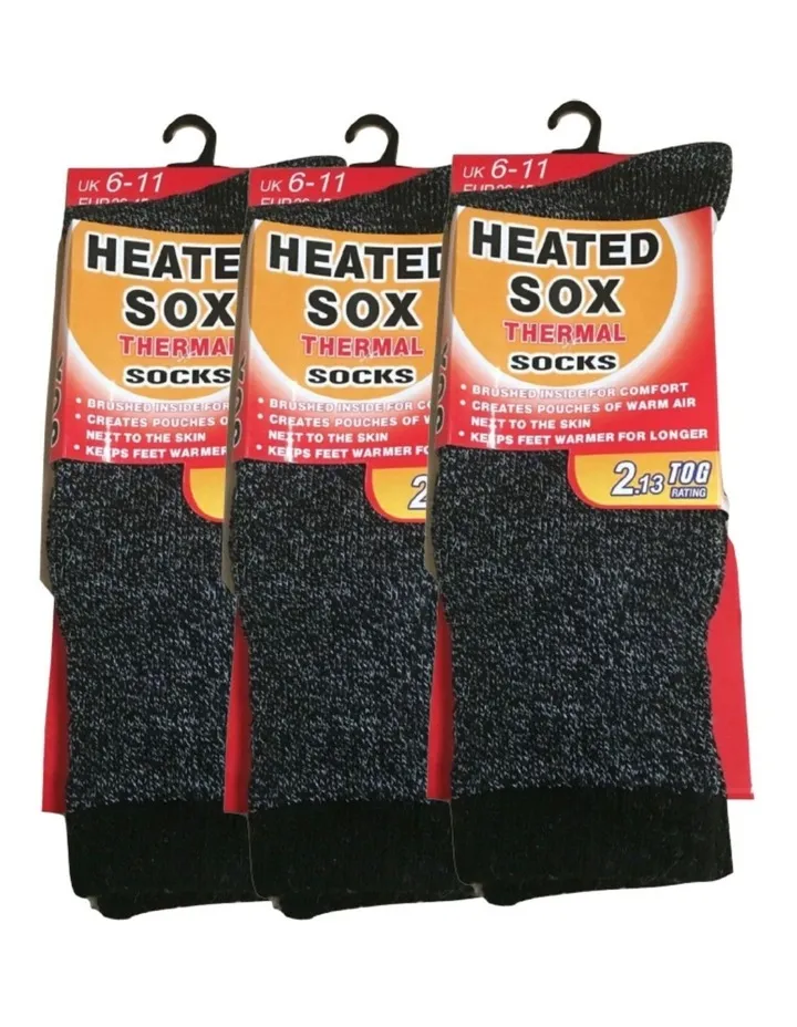 Thermal Heated Socks 6-11 Uk 3 Pairs in Black