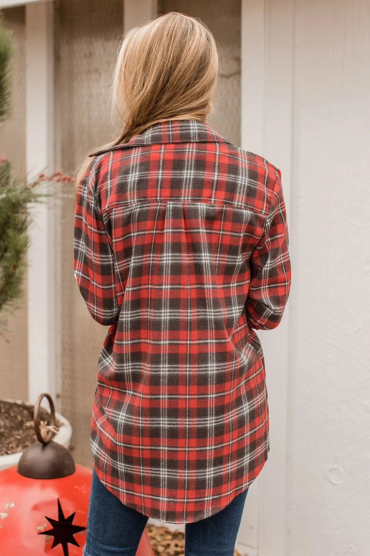 To The Tree Farm Plaid Button Top- Red & Dark Brown