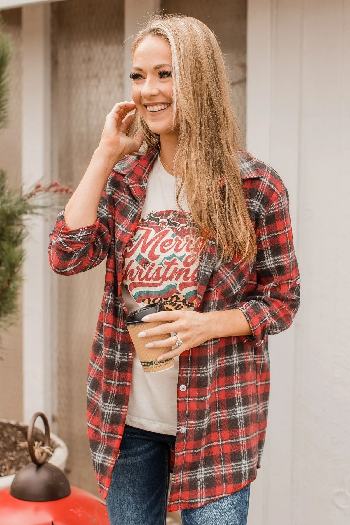 To The Tree Farm Plaid Button Top- Red & Dark Brown