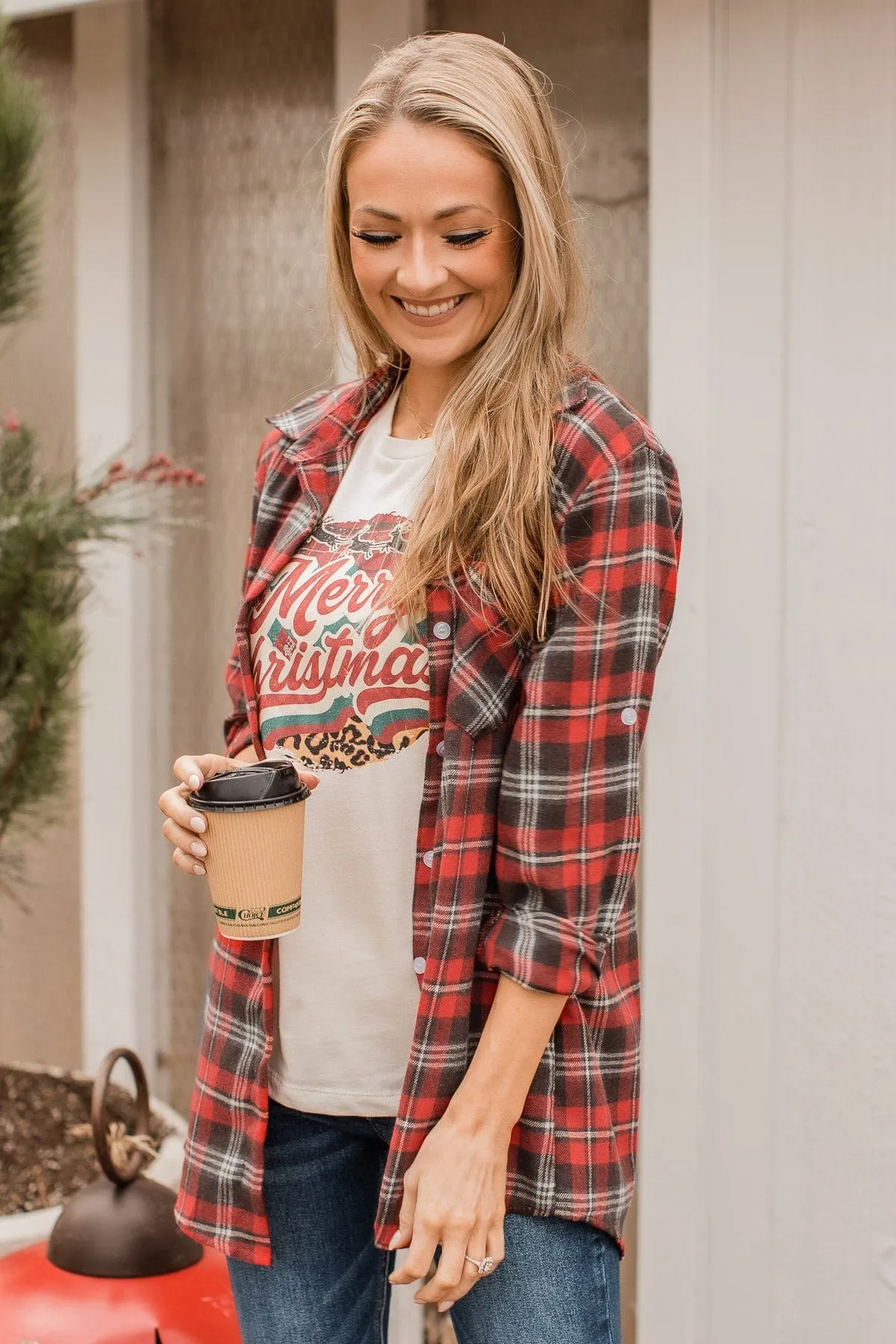 To The Tree Farm Plaid Button Top- Red & Dark Brown