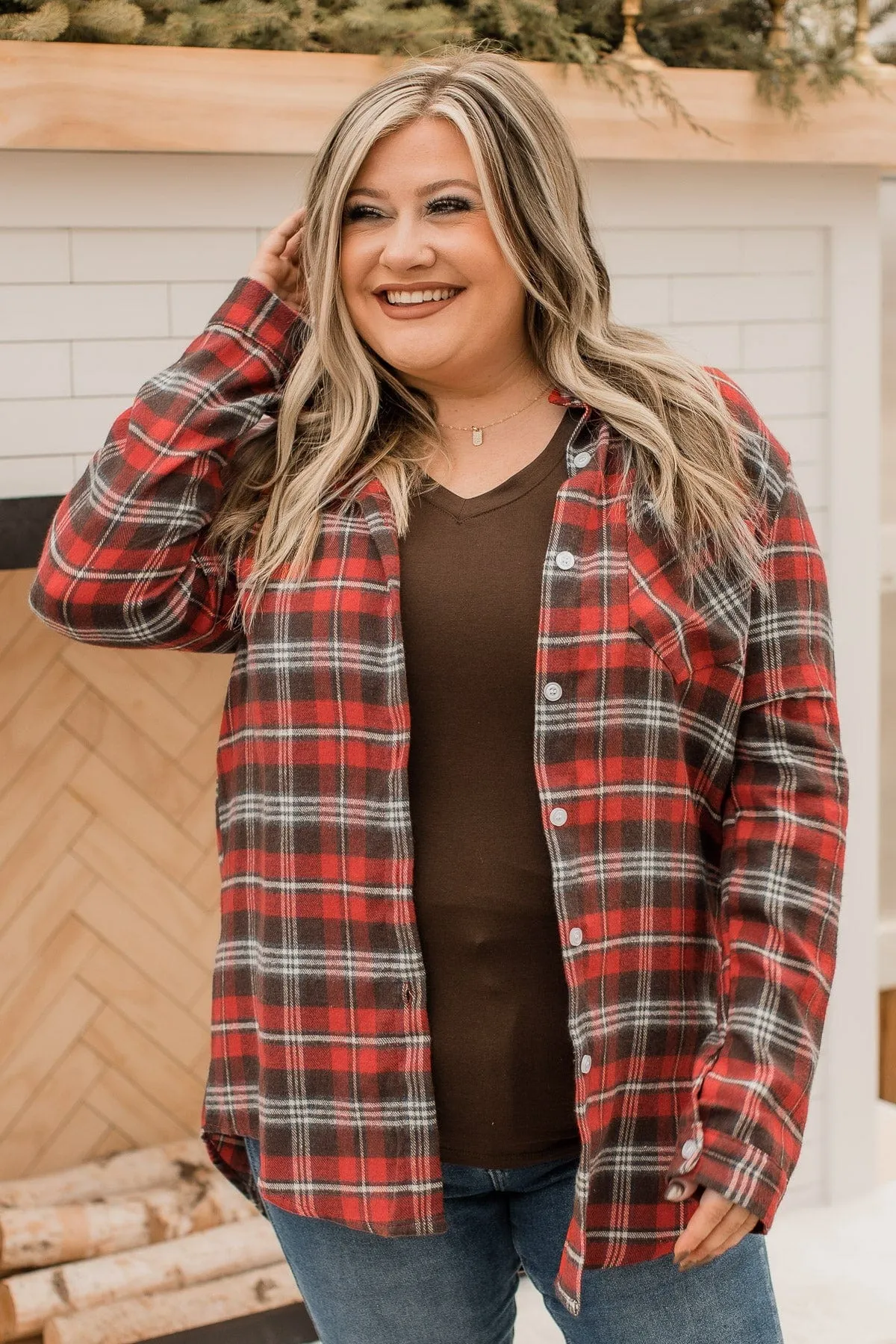 To The Tree Farm Plaid Button Top- Red & Dark Brown