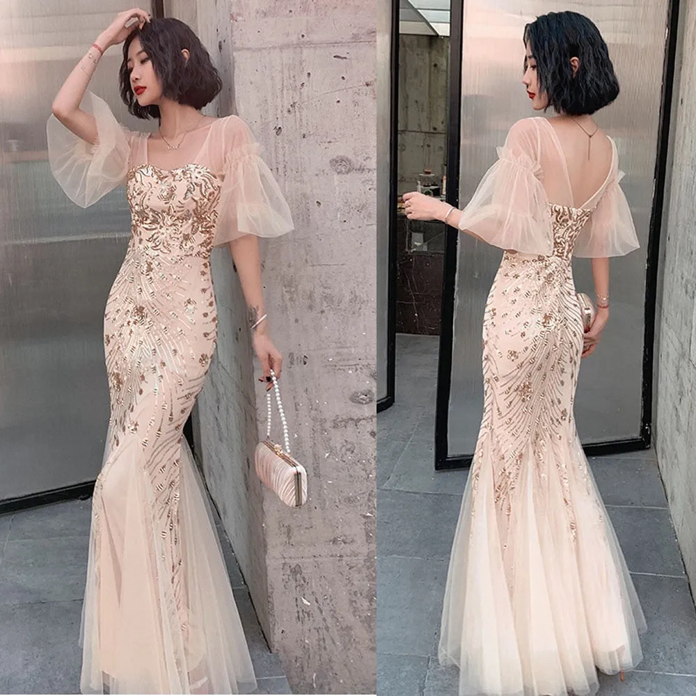 Tulle Flared Sleeve Evening Party Dress Elegant Mermaid Embroidery Evening Dress Formal Occasion Women Dress Long Robe Gowns