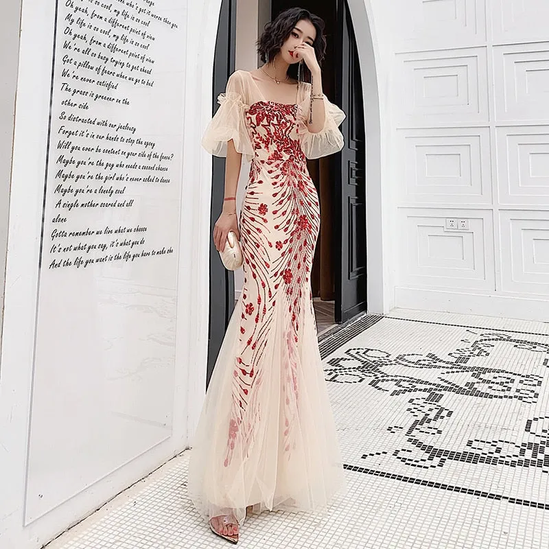 Tulle Flared Sleeve Evening Party Dress Elegant Mermaid Embroidery Evening Dress Formal Occasion Women Dress Long Robe Gowns