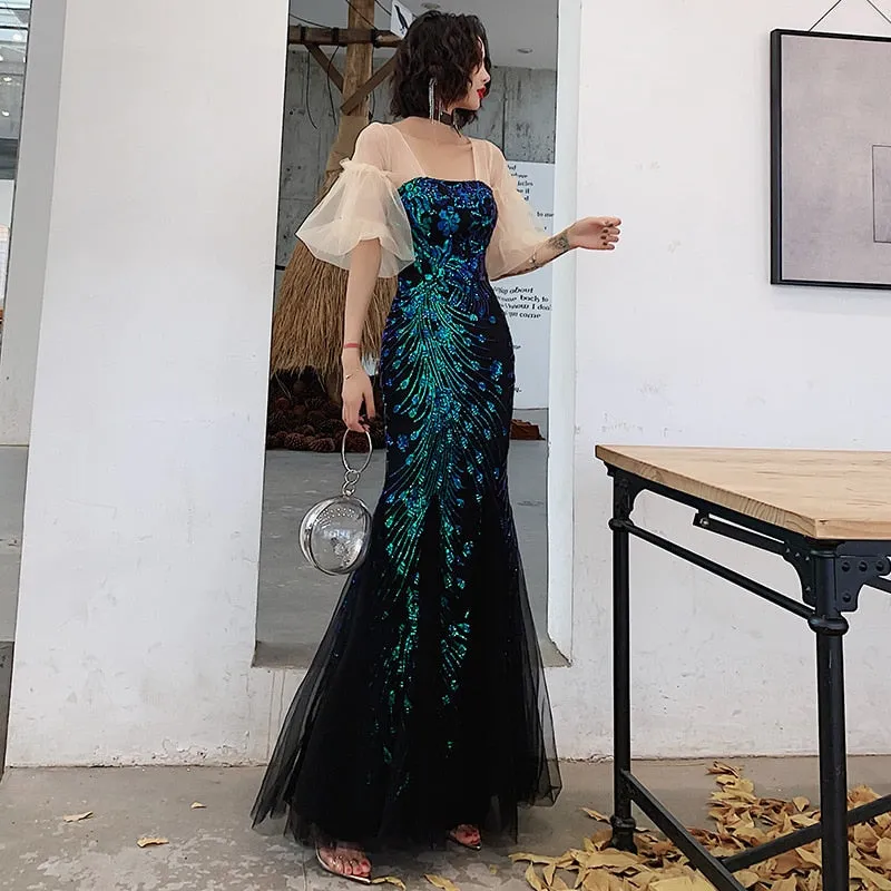 Tulle Flared Sleeve Evening Party Dress Elegant Mermaid Embroidery Evening Dress Formal Occasion Women Dress Long Robe Gowns