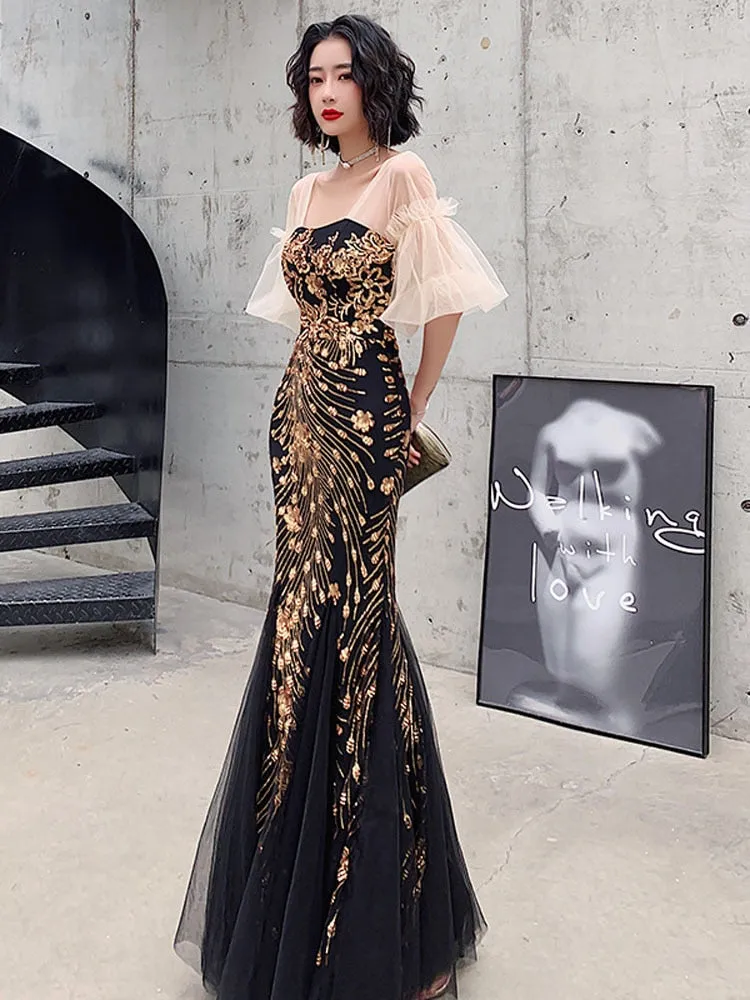 Tulle Flared Sleeve Evening Party Dress Elegant Mermaid Embroidery Evening Dress Formal Occasion Women Dress Long Robe Gowns