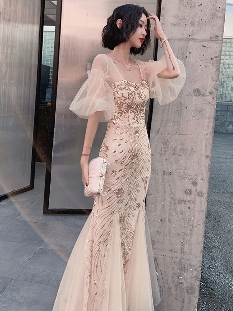 Tulle Flared Sleeve Evening Party Dress Elegant Mermaid Embroidery Evening Dress Formal Occasion Women Dress Long Robe Gowns