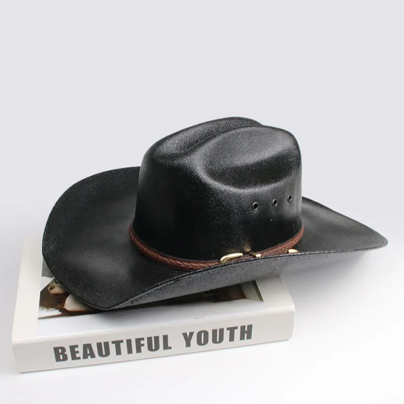 Unisex Coffee Braided Leather Band Pinch Front Wide Cowboy Hat