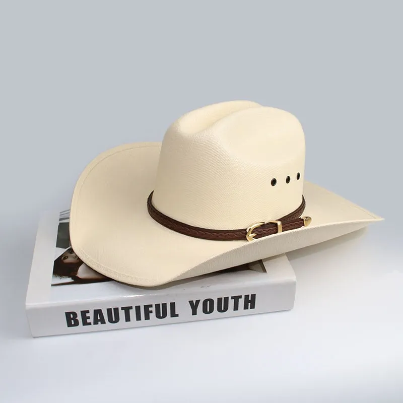 Unisex Coffee Braided Leather Band Pinch Front Wide Cowboy Hat