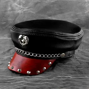 Unisex Cool Genuine Leather Studded Skull Punk Rocker Military Hat