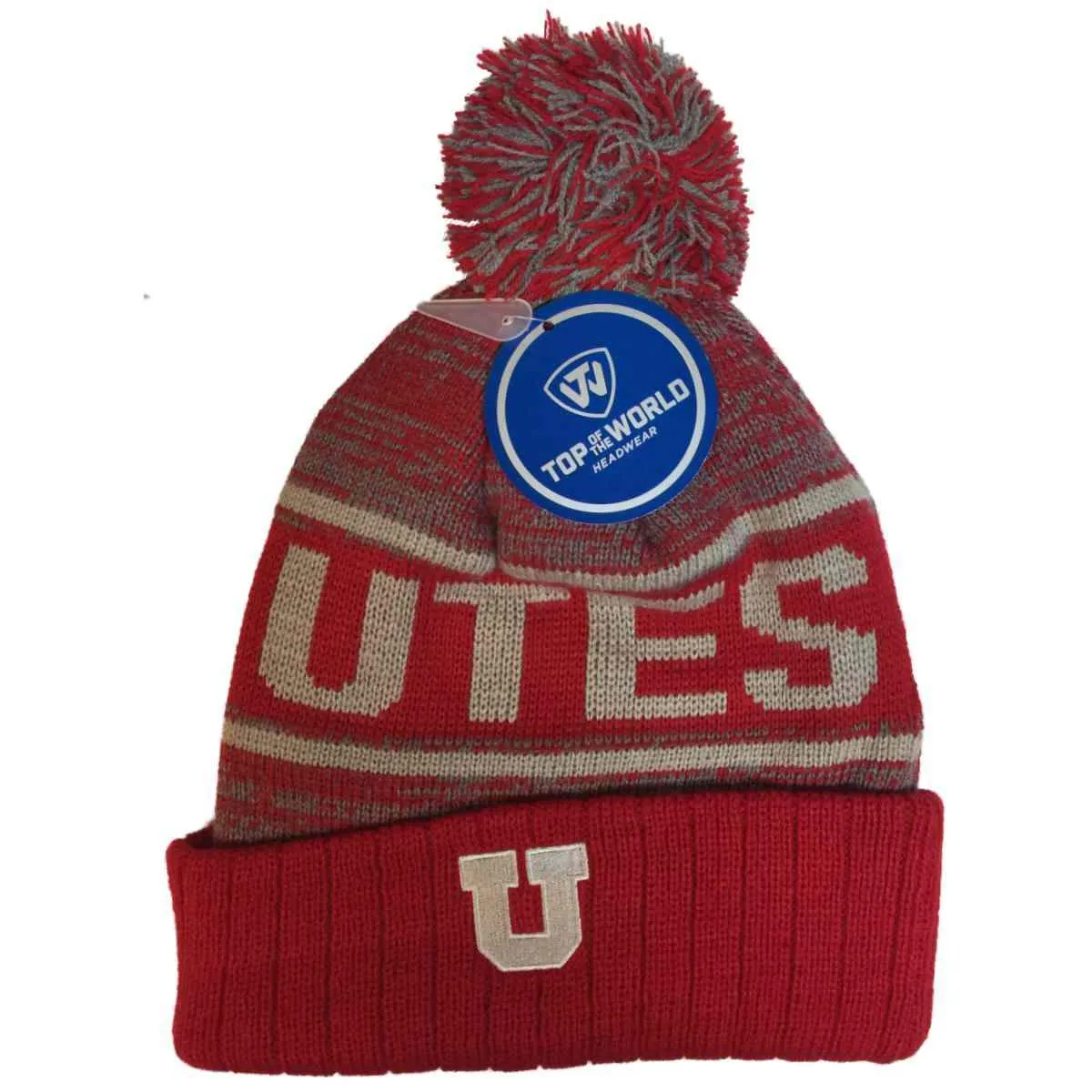 Utah Utes TOW Red Gray Acid Rain Cuffed Knit Poofball Winter Hat Cap Beanie