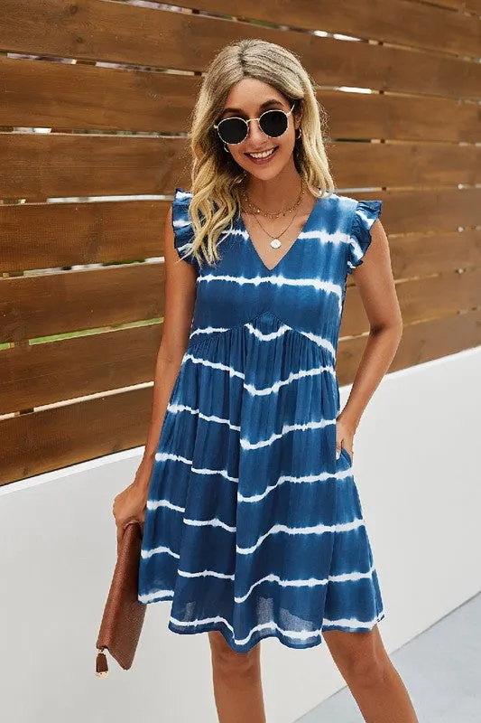 V Neck Ruffle Sleeveless Print Dress