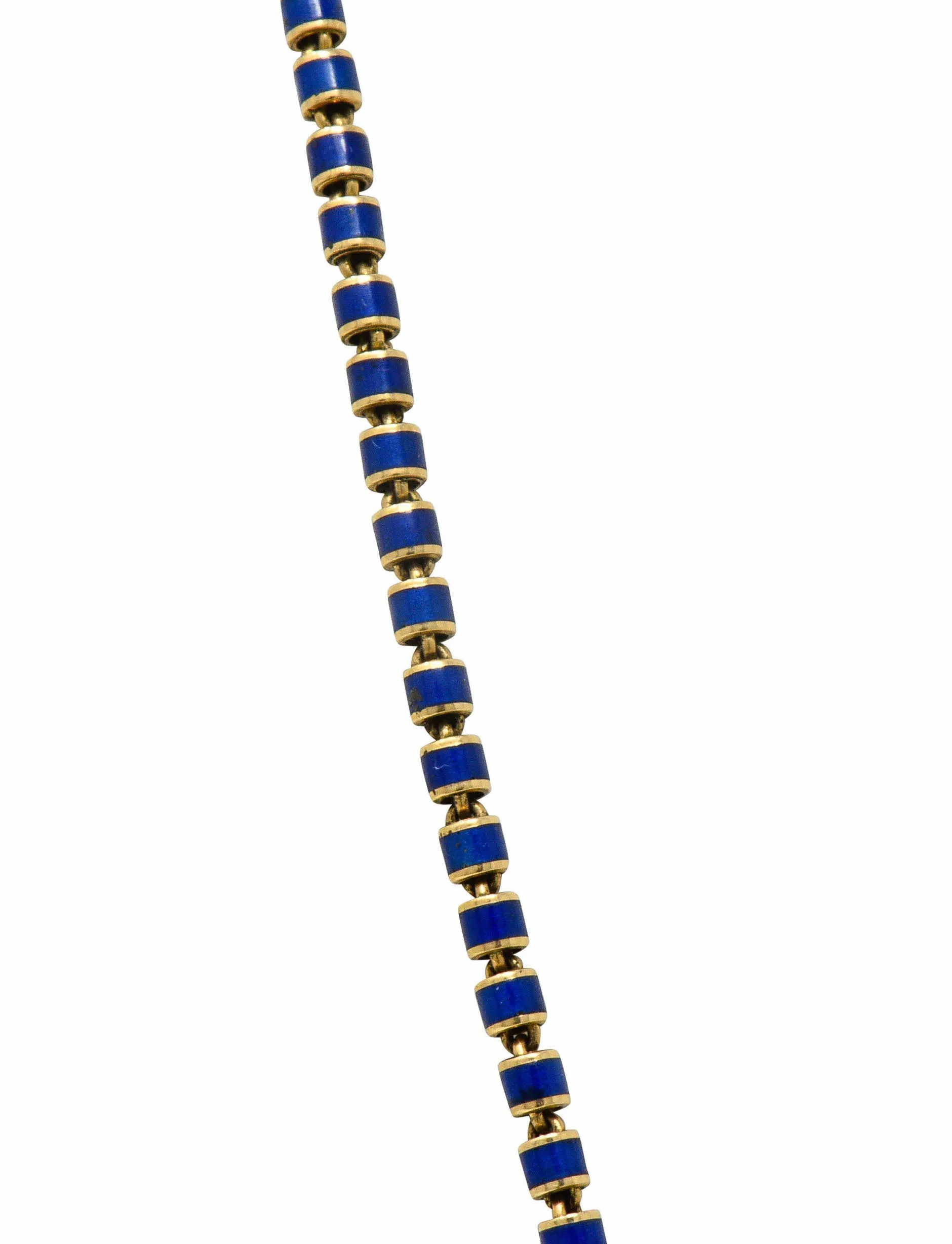 Victorian Blue Enamel 14 Karat Gold 56 Inch Long Chain Necklace Circa 1900