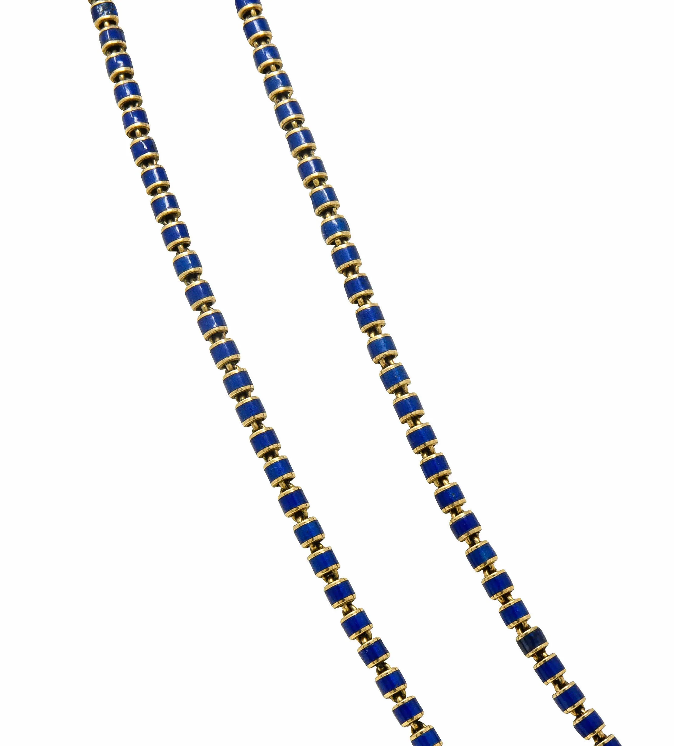 Victorian Blue Enamel 14 Karat Gold 56 Inch Long Chain Necklace Circa 1900