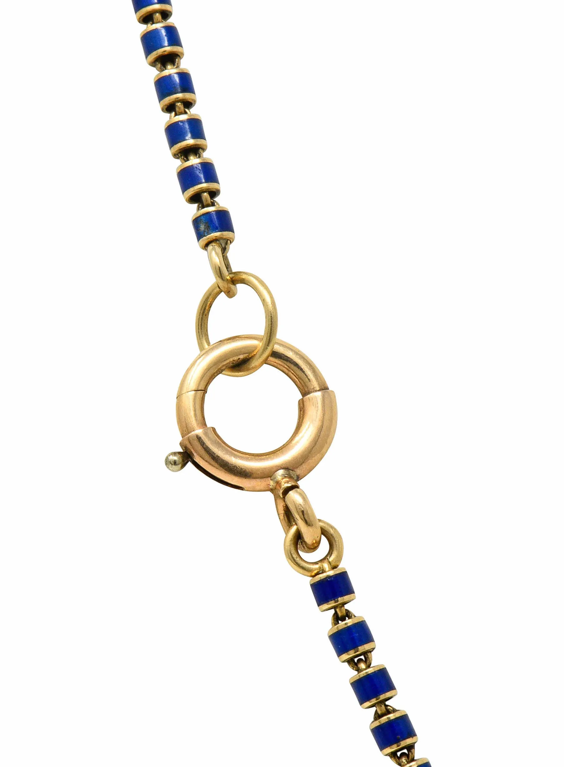 Victorian Blue Enamel 14 Karat Gold 56 Inch Long Chain Necklace Circa 1900