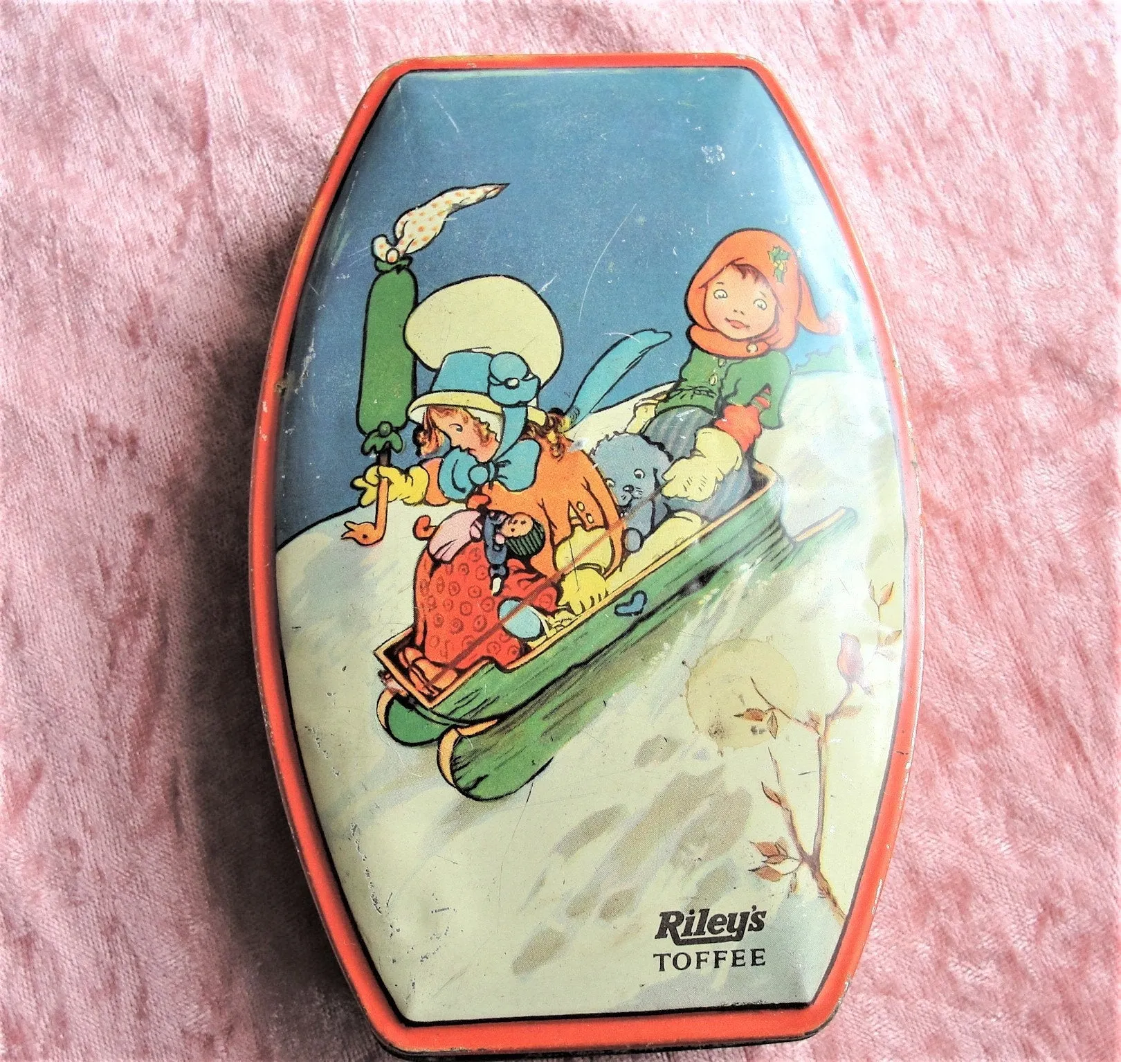 Vintage 1930s RILEYs Tin Box,Kate Greenaway Style,Toffee Tin,British Candy,English Tin Box,Cute Children,Winter Sled Tin,Collect