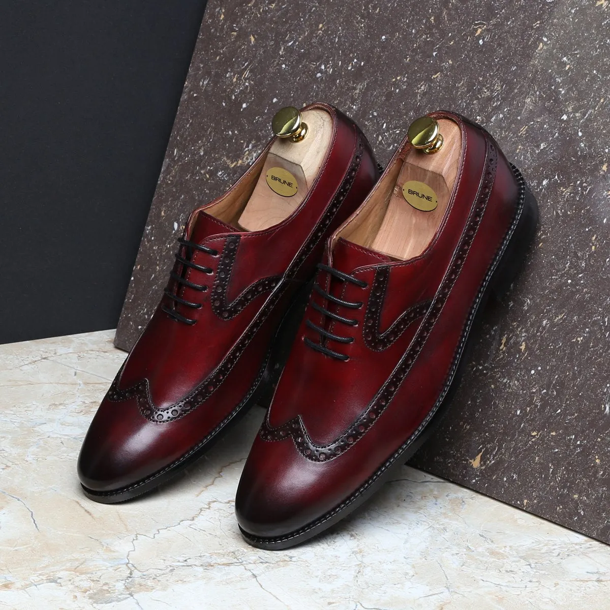 WINE LONG TAIL DESIGNER BROGUE LEATHER SHOES BY BRUNE & BARESKIN