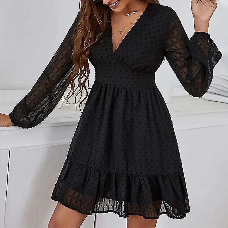 Women Casual V Neck Mini Dresses Long Sleeve Solid Color Flowy Tunic Swing Dress