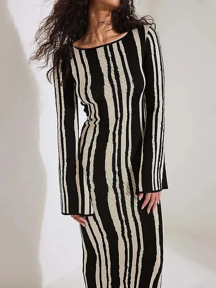 Women Striped Knitted Maxi O-neck Flare Sleeve Bodycon Ladies Fashion Streetwear Dresses