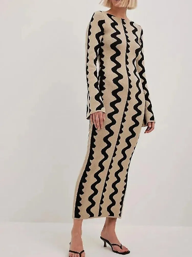 Women Striped Knitted Maxi O-neck Flare Sleeve Bodycon Ladies Fashion Streetwear Dresses