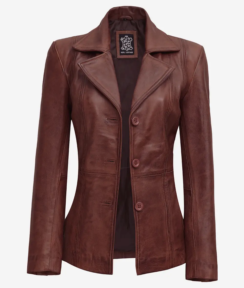 Women's Button Down 3/4 Length Cognac Leather Jacket