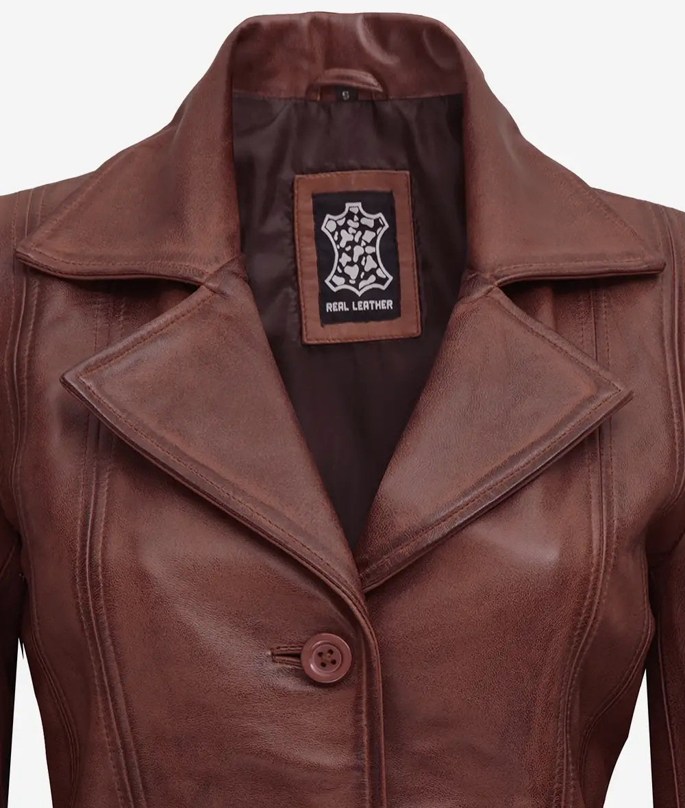 Women's Button Down 3/4 Length Cognac Leather Jacket